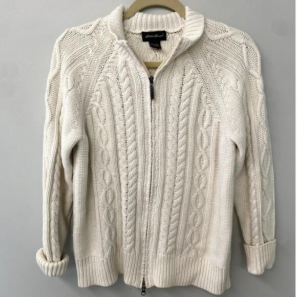 Eddie Bauer Cream Chunky Cable Knit Zip Up L - Picture 1 of 7